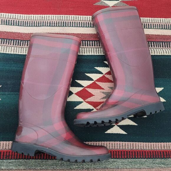 Burberry Burgundy Red Check Rubber Rain Boots Sz 37 US 7 Knee High Designer - Picture 1 of 6